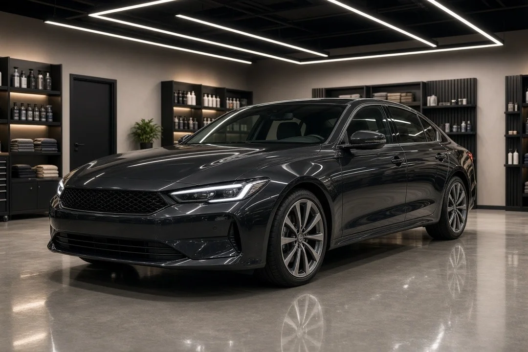 Freshly detailed glossy dark sedan in a clean, brightly lit auto detailing bay.