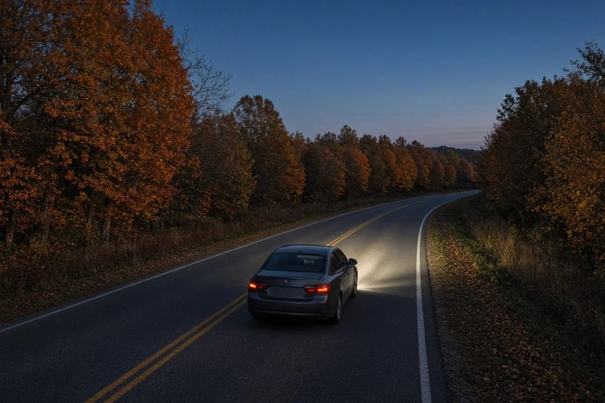 Car headlights lighting up a two-lane country road at dusk with autumn trees