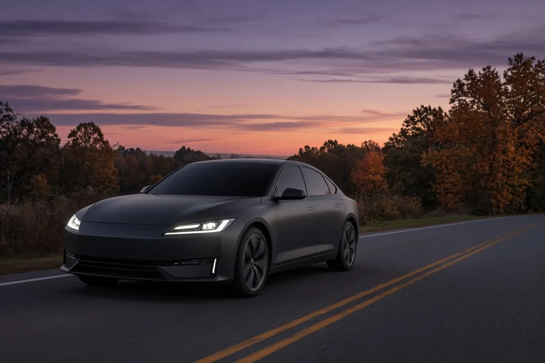 Dark sedan with ceramic tinted side windows driving on a two-lane road at dusk with headlights on