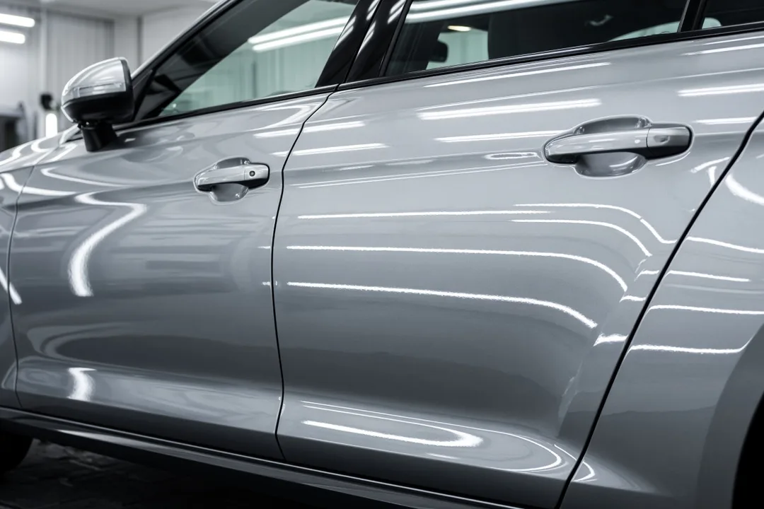 Freshly ceramic coated silver car doors reflecting shop lights