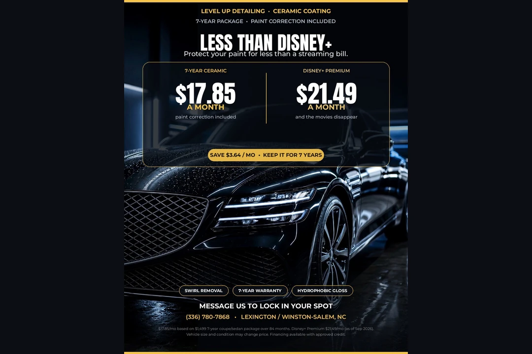 Level Up Detailing graphic showing a glossy black ceramic coated sedan with water beading and a price comparison of the 7-year ceramic coating per month against a Disney+ Premium subscription