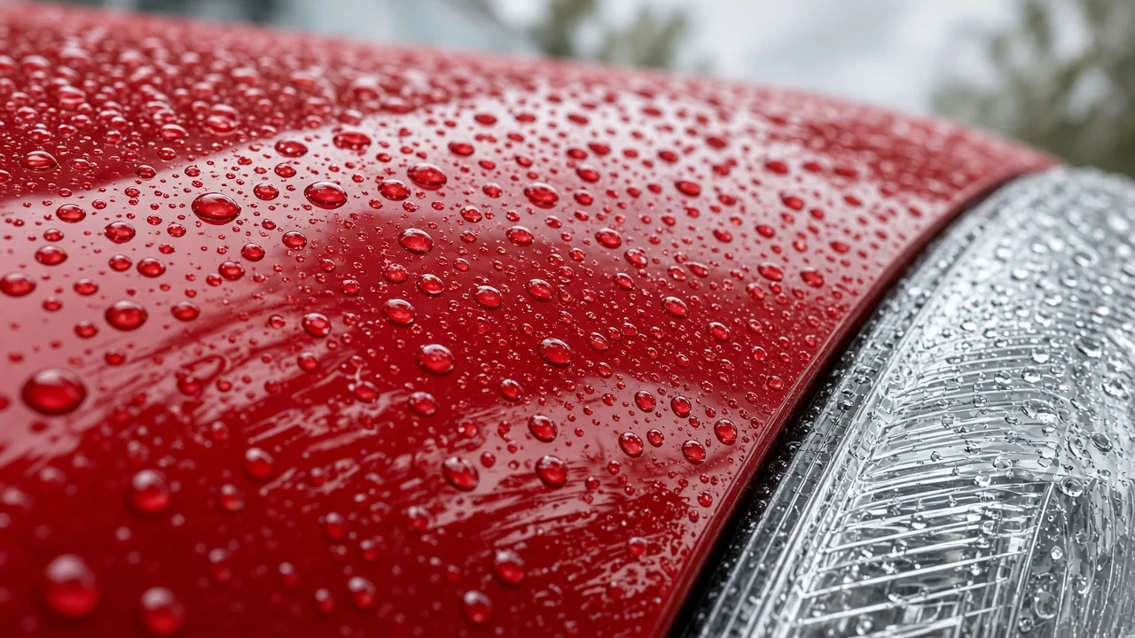 Water beading on glossy ceramic-coated red paint beside a clear headlight lens