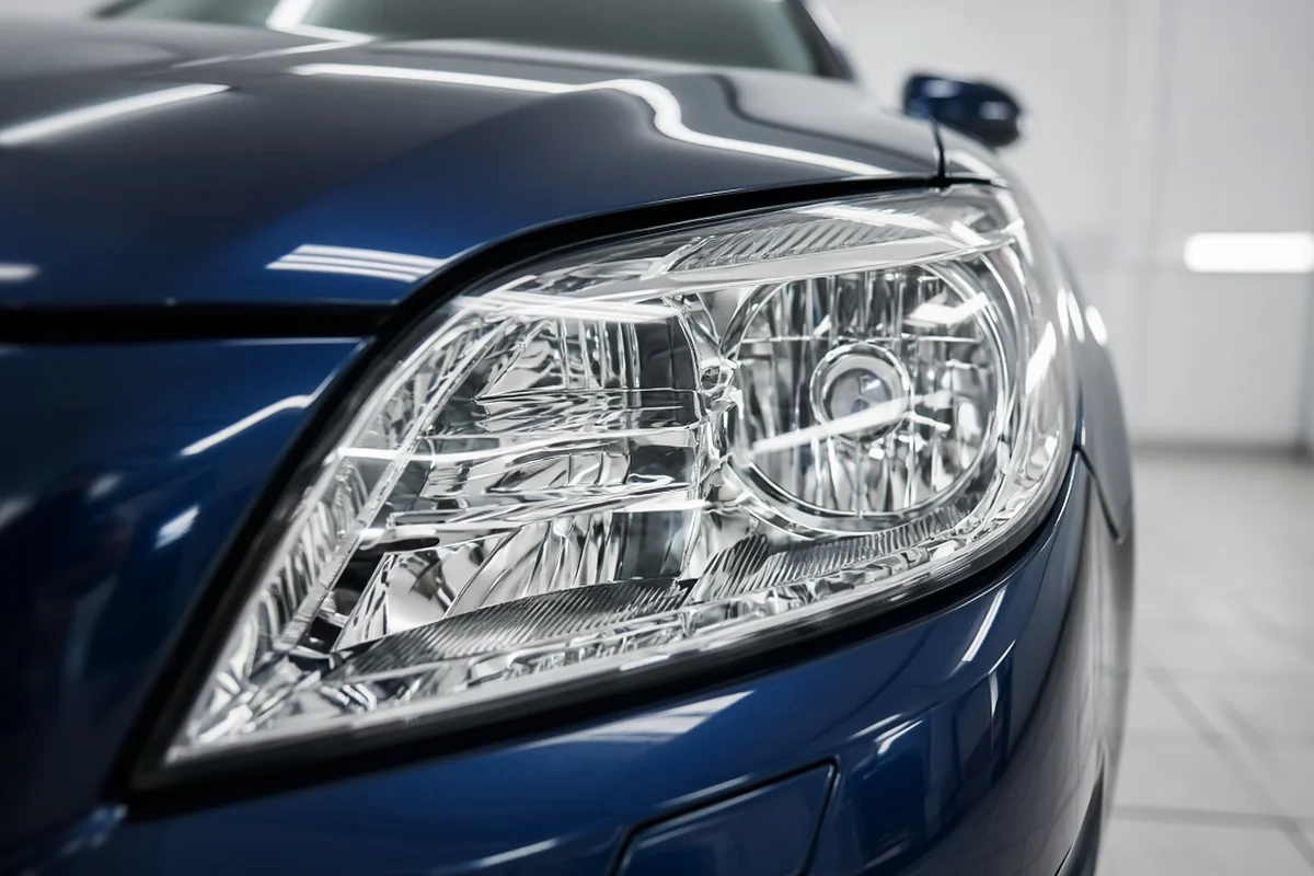 Clear, restored car headlight lens on a dark blue car parked in a detailing bay