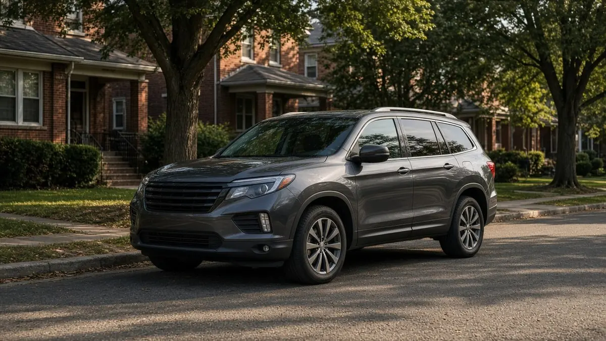 Gray SUV with light tinted windows parked on a tree-lined street of brick homes in late afternoon sun