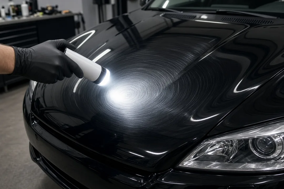 Detailer using an inspection light to reveal swirl marks on a black hood
