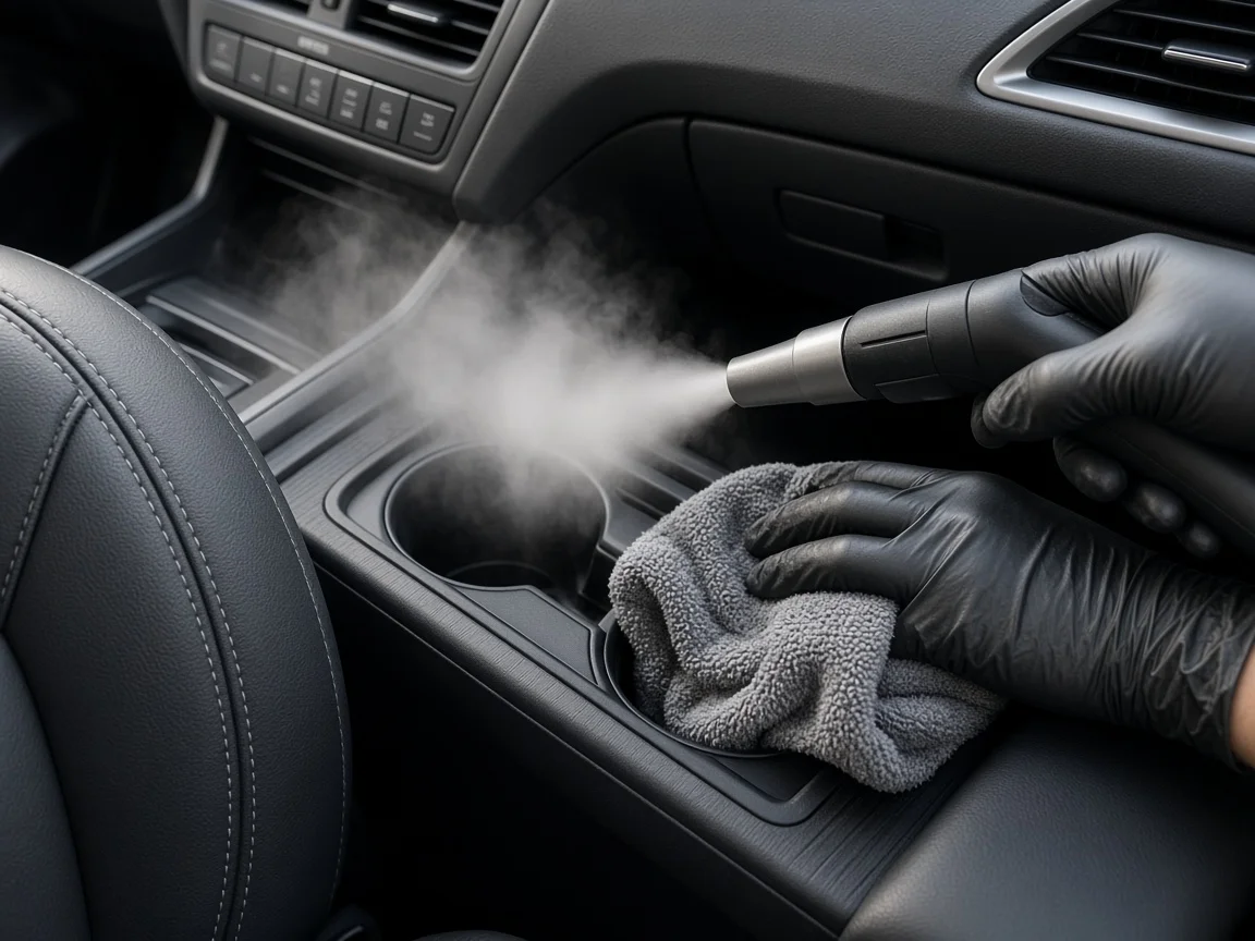 Detailer steam cleaning a car's center console and cup holders with a microfiber towel