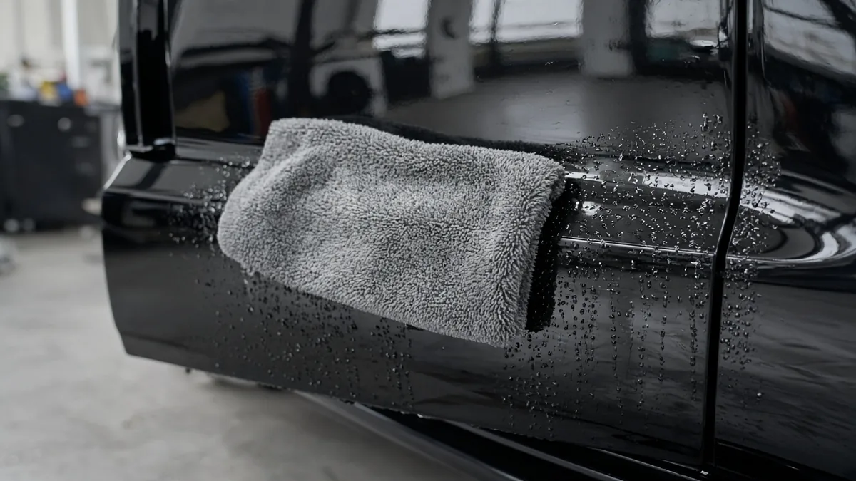 Plush microfiber towel drying a glossy ceramic coated car door panel