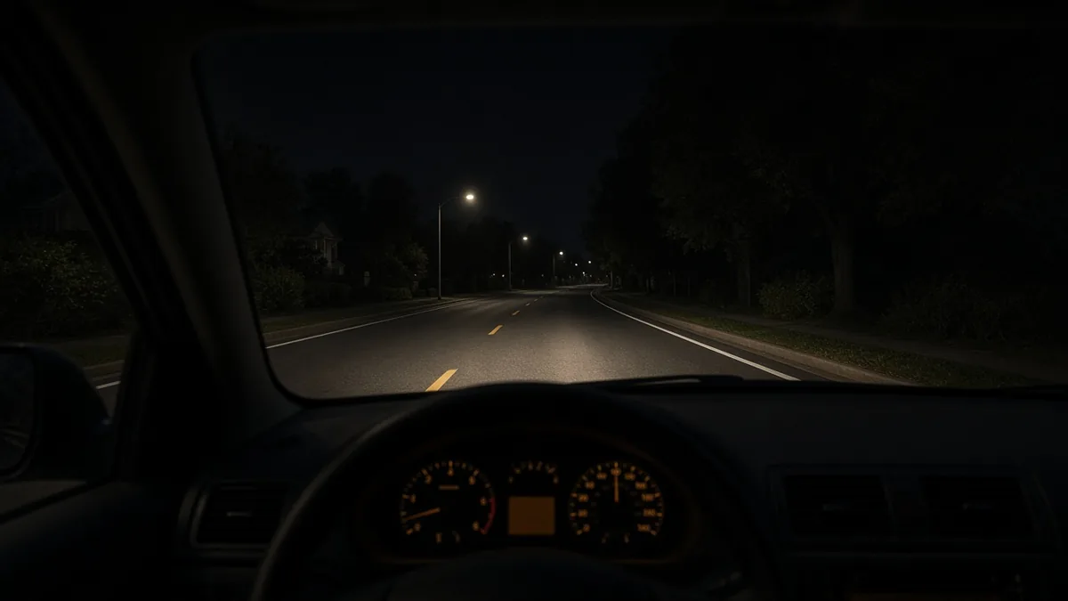 View from the driver seat of a car on a quiet road at night with headlights lighting the lane
