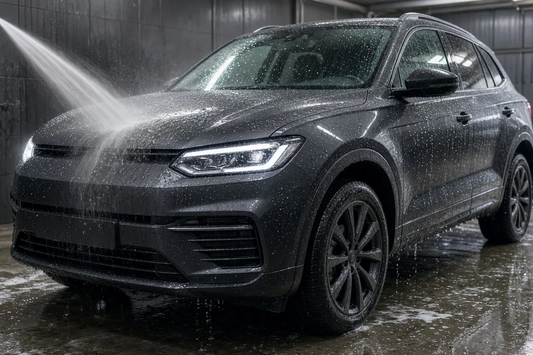 Rinsing a ceramic coated gray SUV in a wash bay