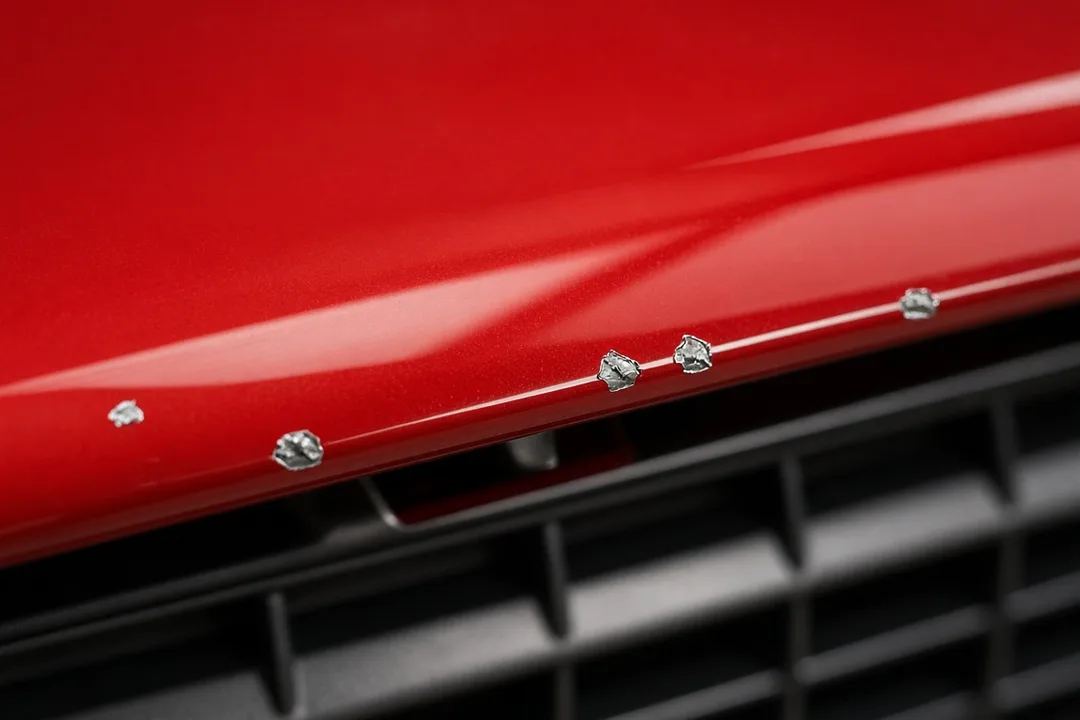 Small rock chips along the front edge of a red car hood