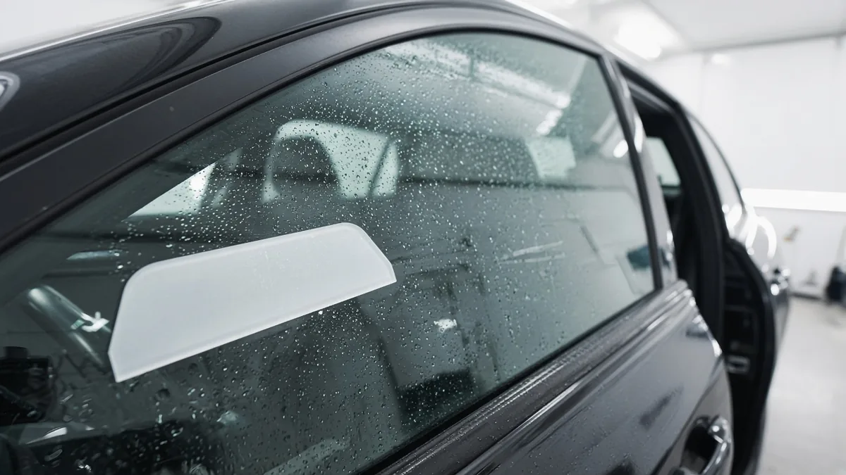 Squeegee smoothing ceramic window tint film onto a car side window in a detailing shop