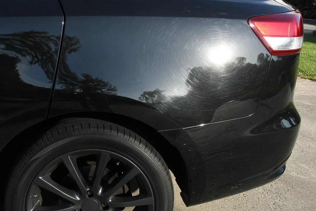 Swirl marks around the sun's reflection on a black car's rear quarter panel