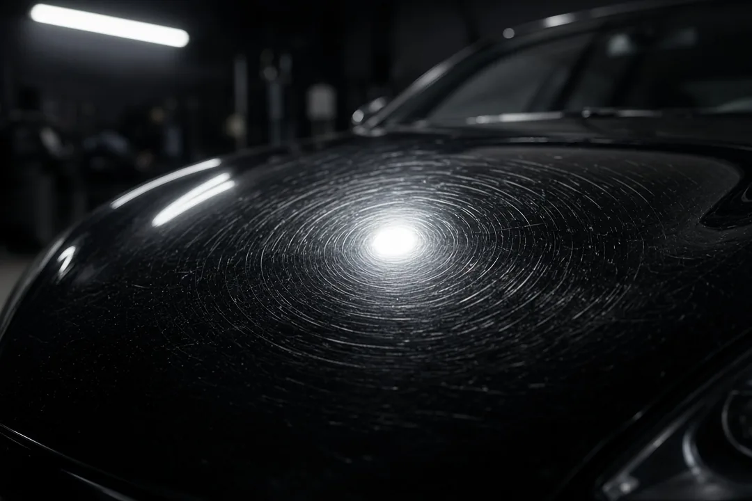Close-up of fine swirl marks on dark car paint under a bright shop light