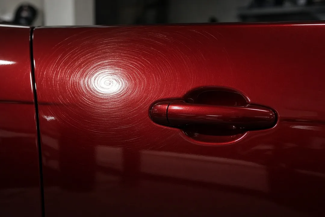 Fine wash swirls on a red car door under an inspection light