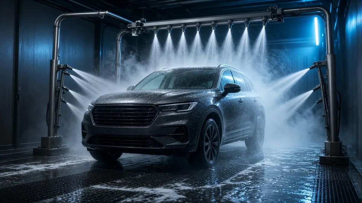 Dark gray SUV getting rinsed with high-pressure water in a touchless car wash bay