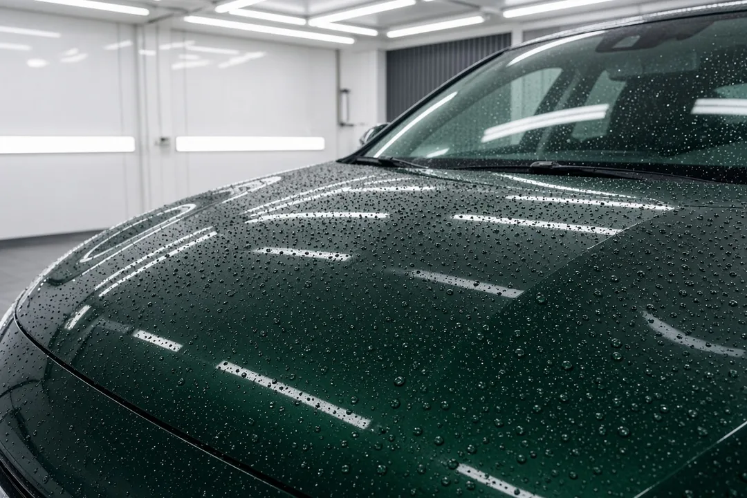 Water beading on the hood of a ceramic coated dark green car in a detailing bay