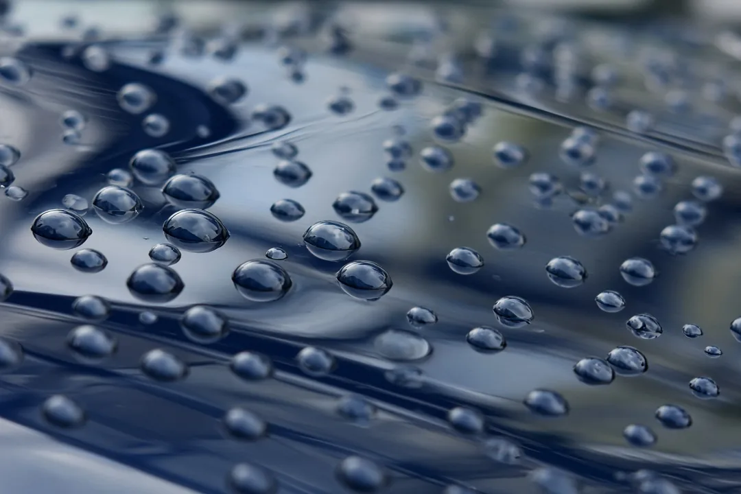 Water beading on dark blue car paint with a fresh ceramic coating
