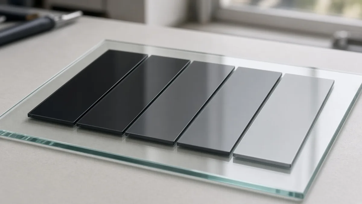 Five ceramic window tint film samples in different shades laid side by side on clear glass