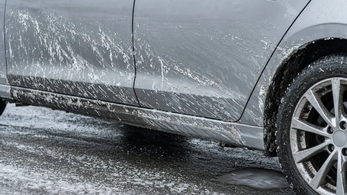 Salty road brine residue on the lower doors and wheel of a silver car in winter