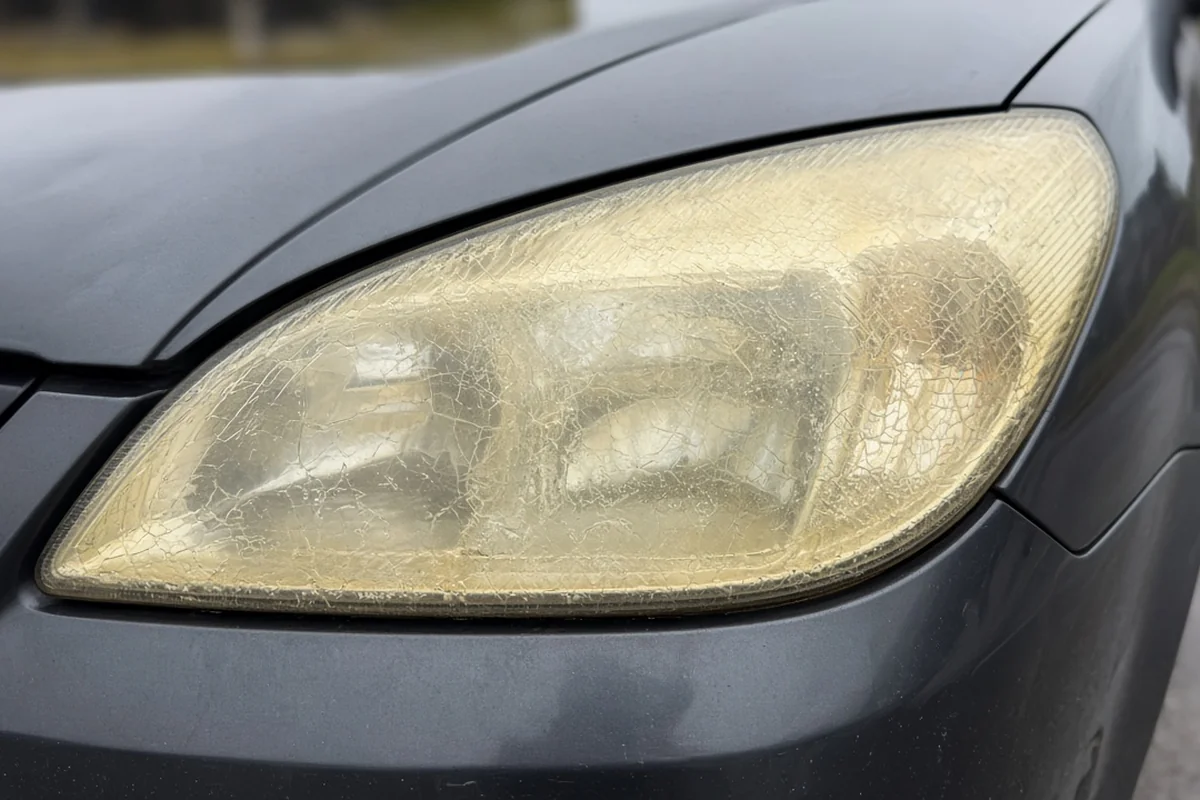 Close-up of a yellowed, cloudy plastic car headlight lens on a dark gray car