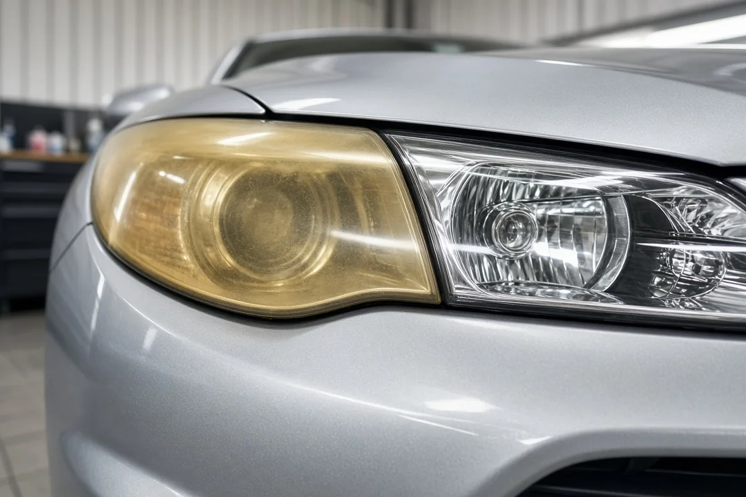 Side-by-side view of a yellowed, cloudy car headlight and a clear, restored headlight lens